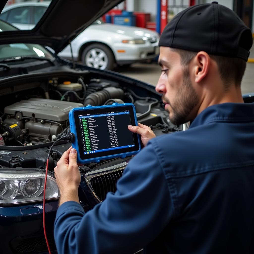 Mechanic Diagnosing SRS Issue in 1998 Car with OBD2 Scanner