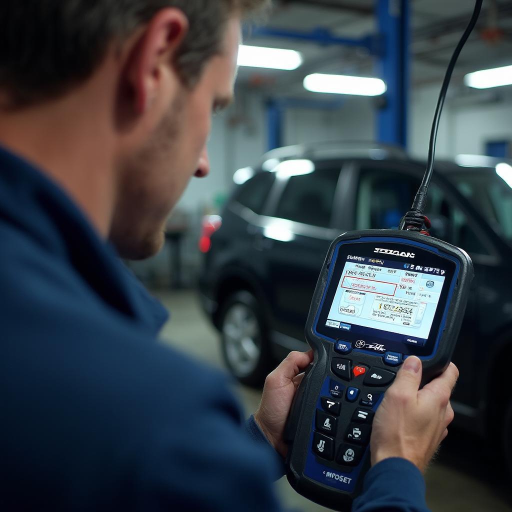 Mechanic using an OBD2 scanner on a Subaru Forester