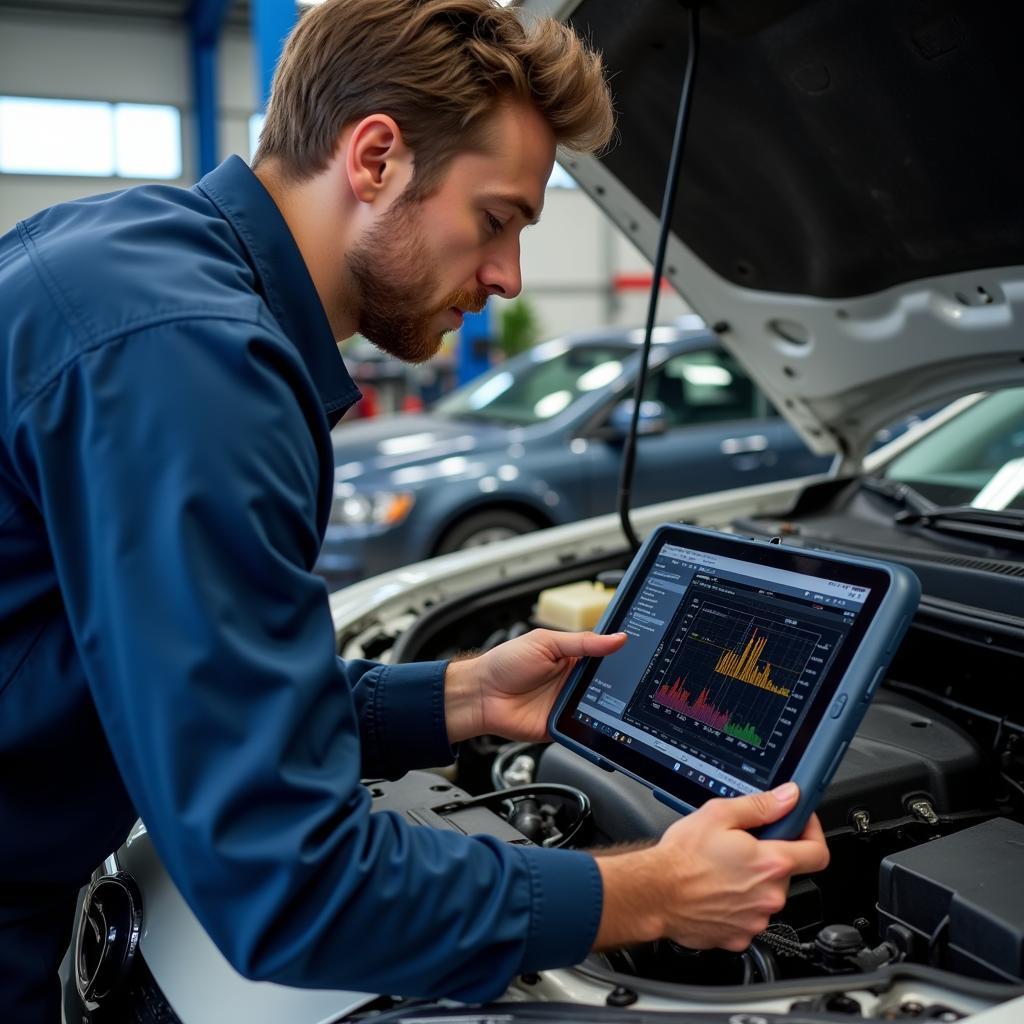 Mechanic using OBD2 scanner and tablet to diagnose car problem