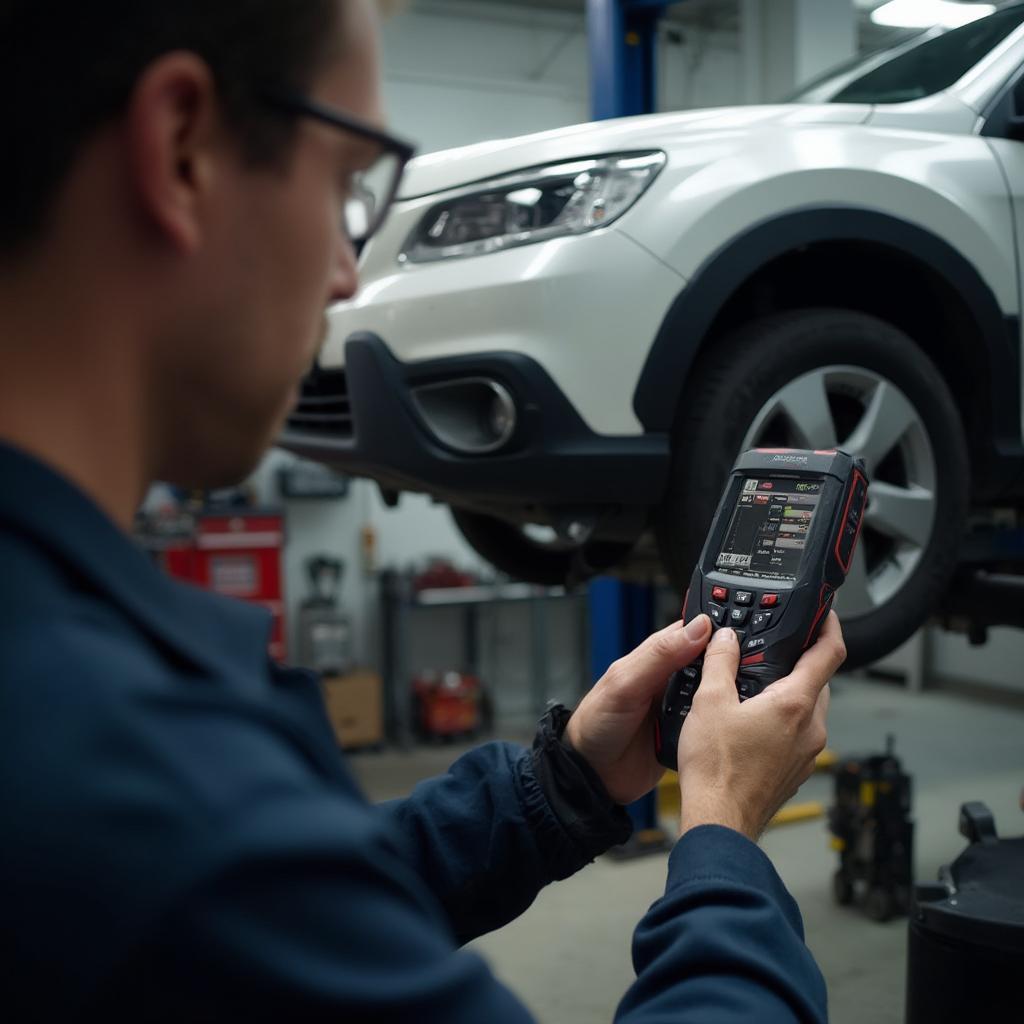 Mechanic Using OBD2 Scanner to Diagnose Car