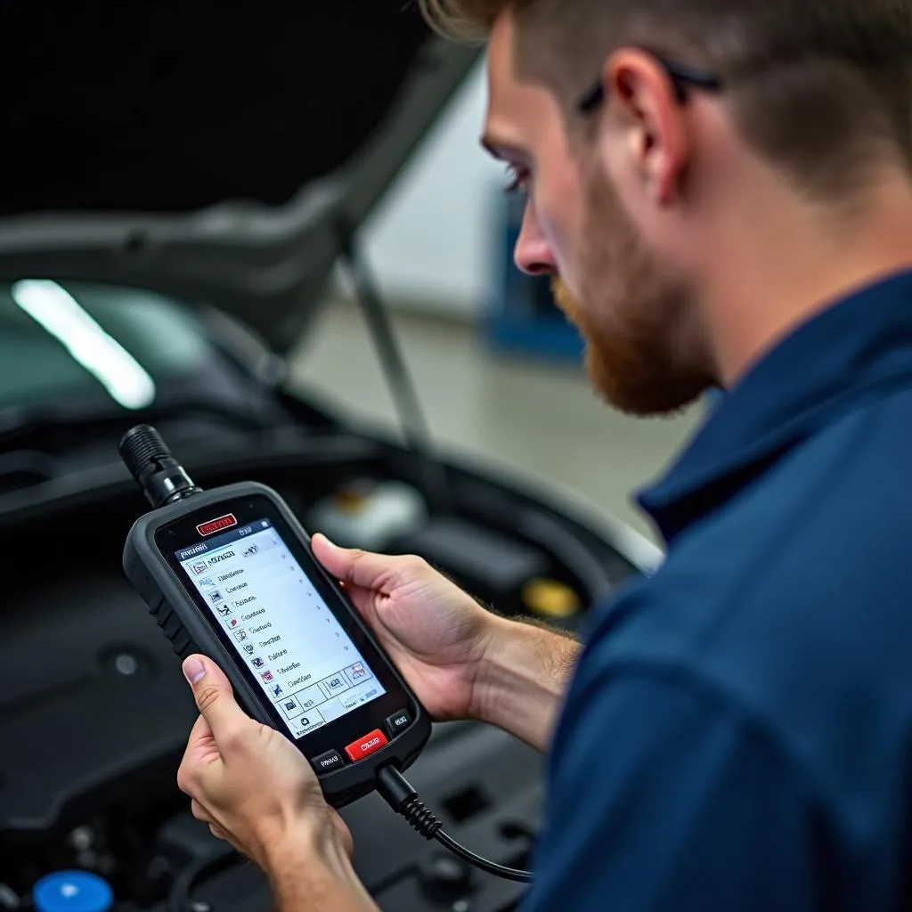 Mechanic using OBD2 scanner for car diagnostics