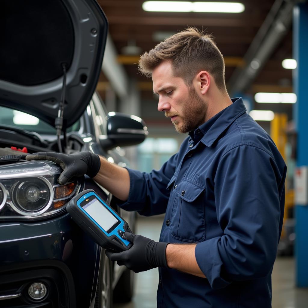 Mechanic using OBD2 scanner to diagnose a car issue