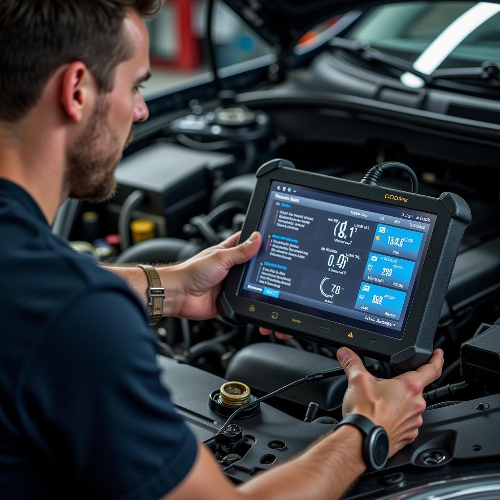 Mechanic using OBD2 scanner to diagnose car problem