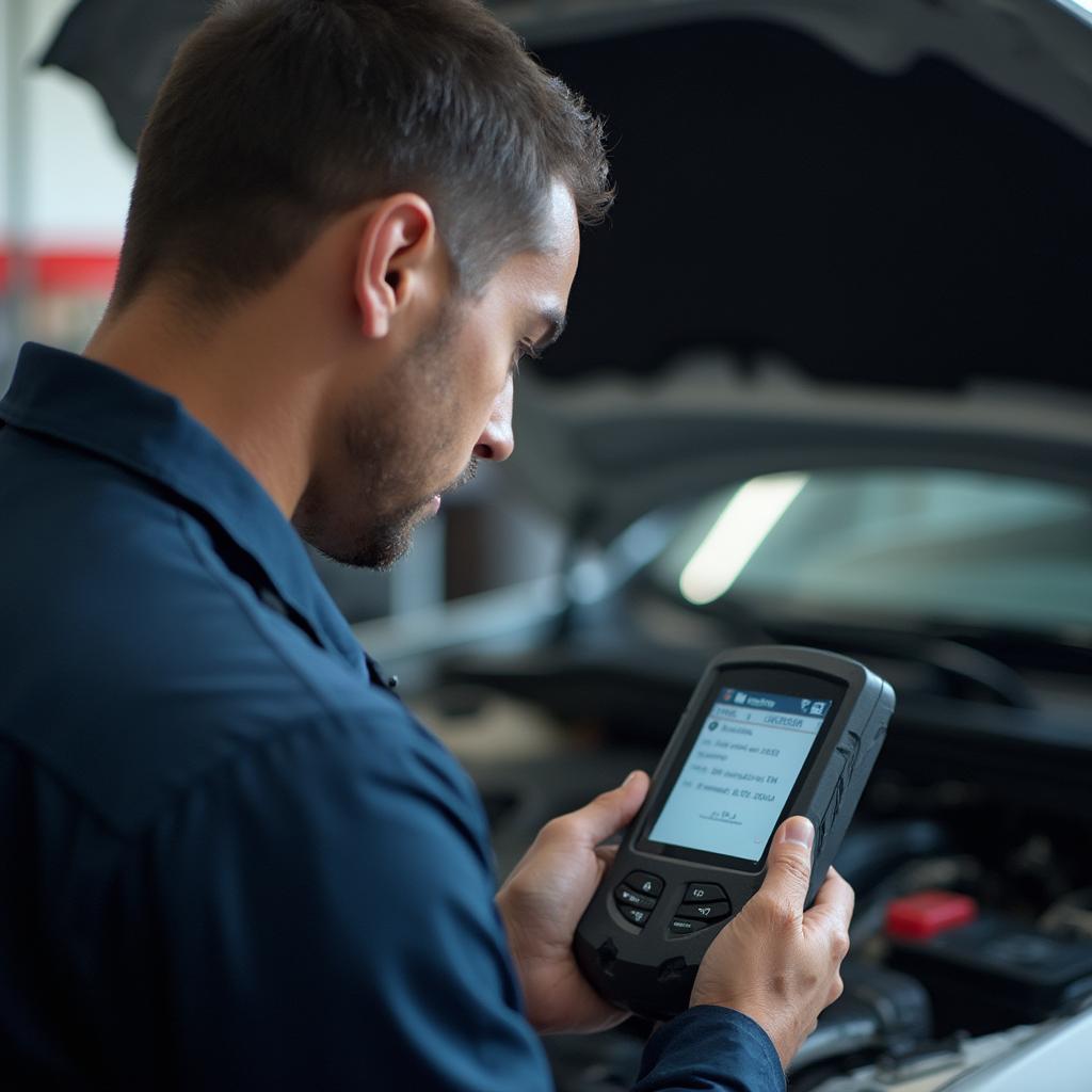 Mechanic Using OBD2 Scanner to Diagnose Car Problem