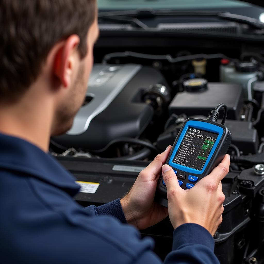 Mechanic Diagnosing Misfire with OBD2 Scanner