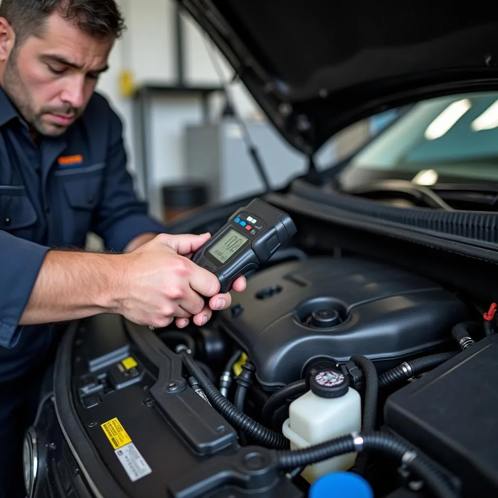 Mechanic Using OBD2 Scanner to Diagnose No-Crank