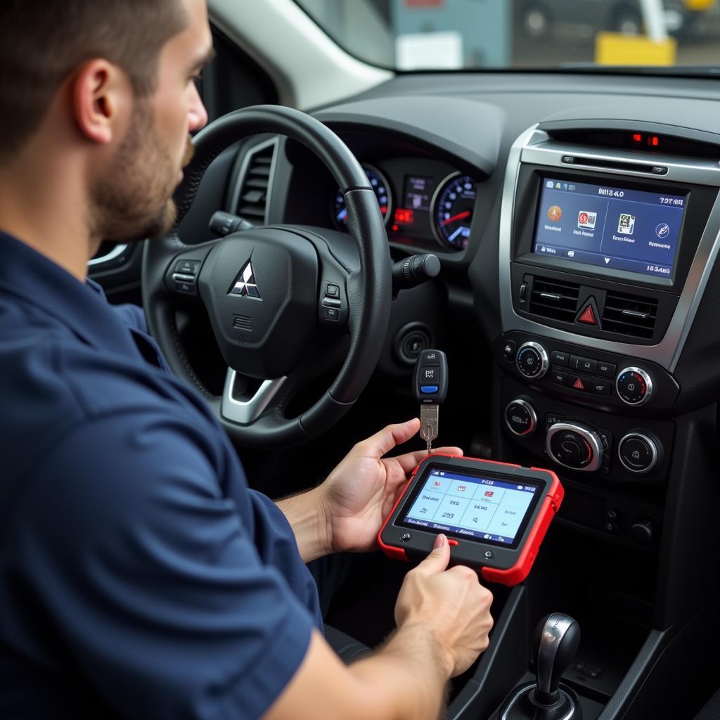 Mechanic Using OBD2 Scanner for Car Key Programming