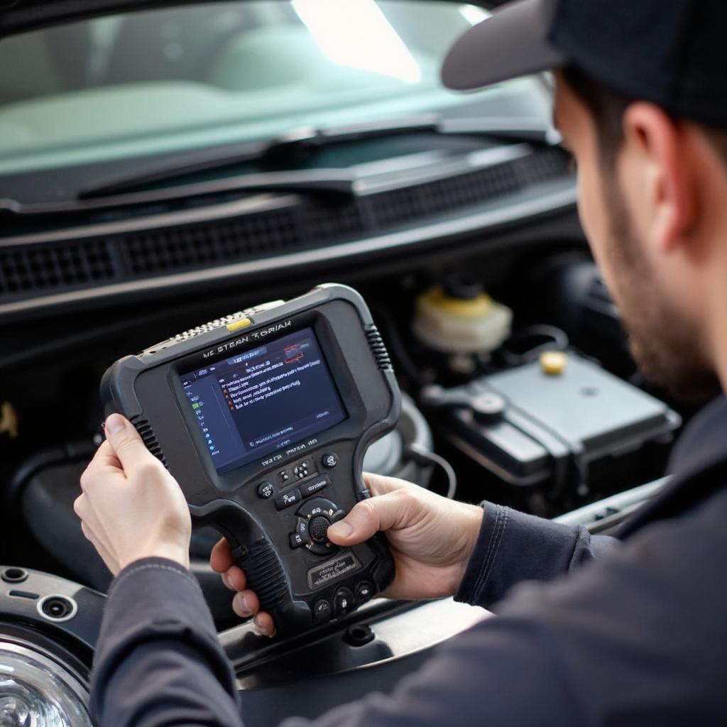 Mechanic Using OBD2 Scanner to Troubleshoot Fiat 500