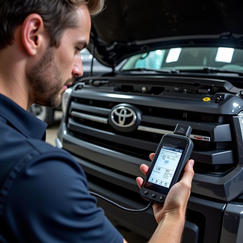 Mechanic Using OBD2 Scanner on Toyota Tundra