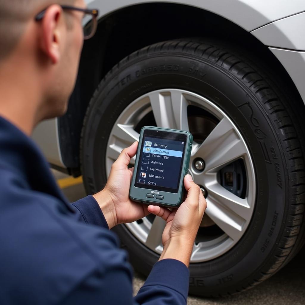 Mechanic Using OBD2 Scanner for TPMS Calibration