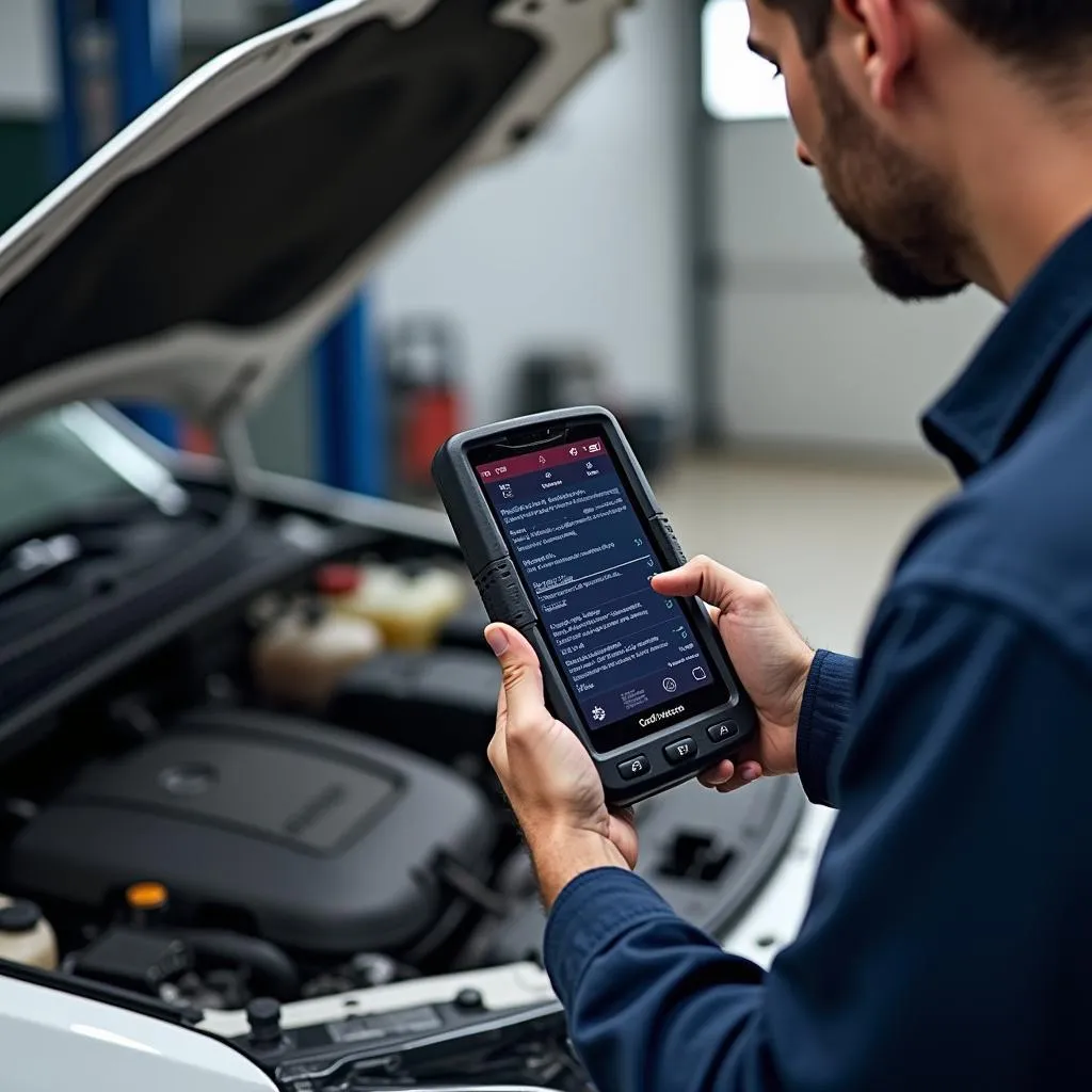 Mechanic Using OBD2 Scanner V319 for Car Diagnostics