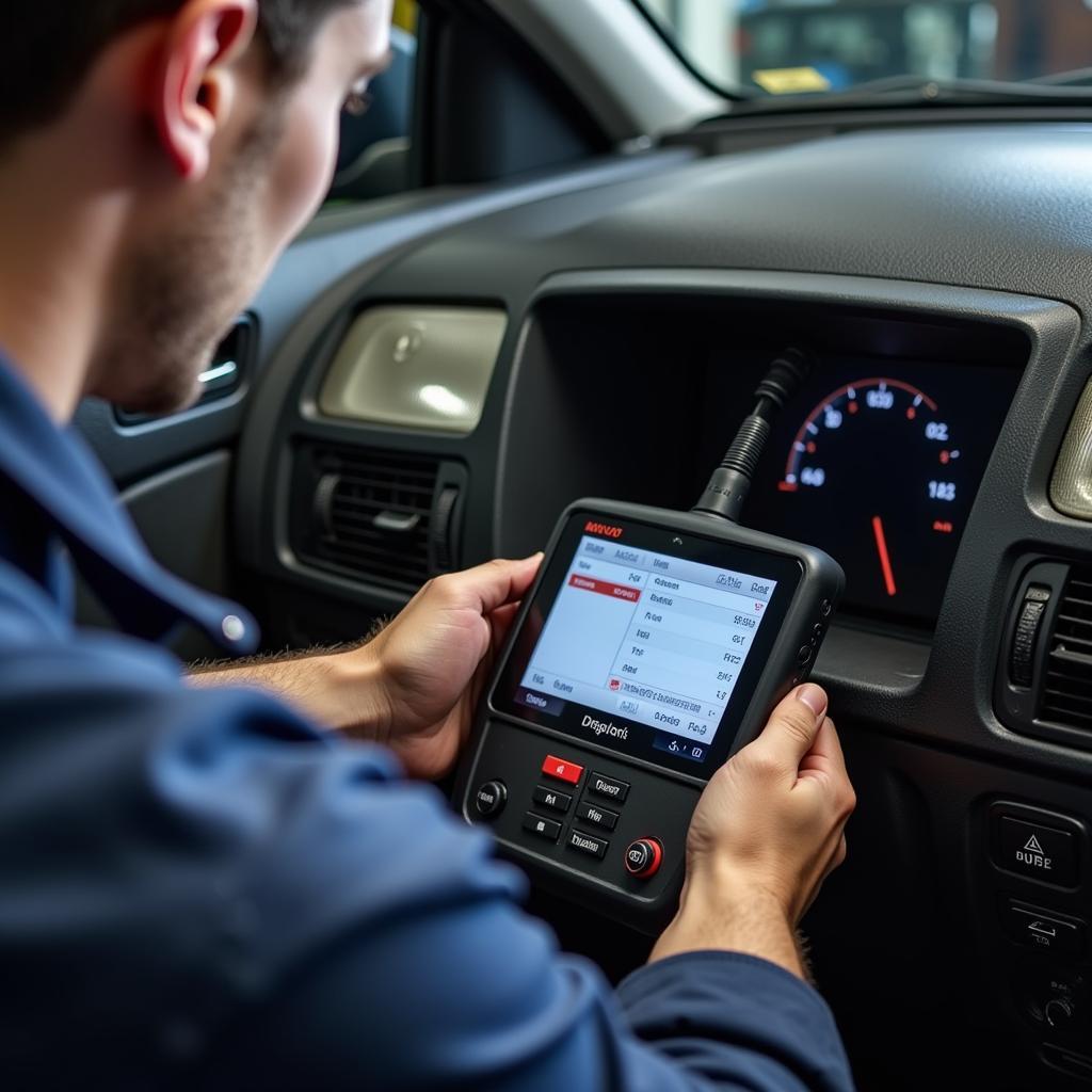 Mechanic Diagnosing a 2001 Volvo V70 with an OBD2 Scanner