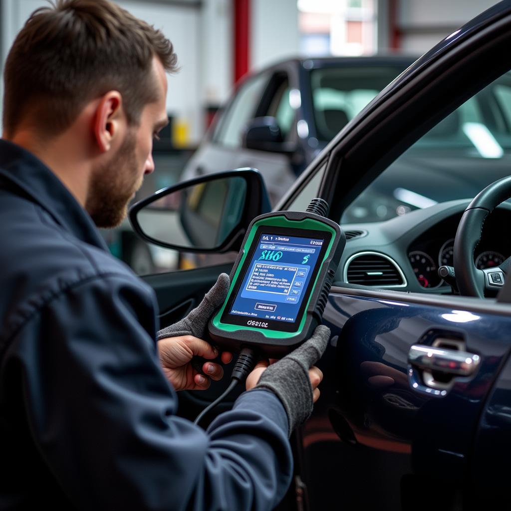 Mechanic Diagnosing VW Golf with OBD2 Scanner