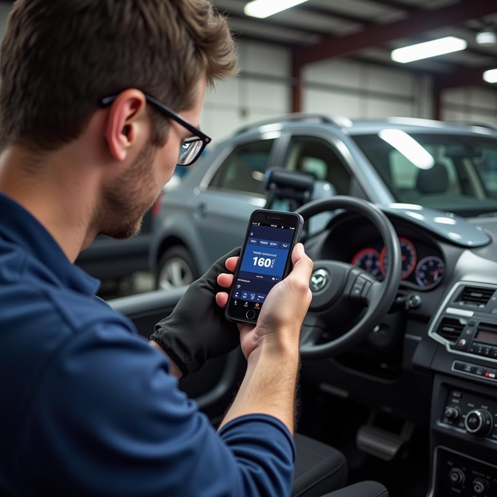 Mechanic using an OBD2 scanner wifi iPhone to diagnose a car