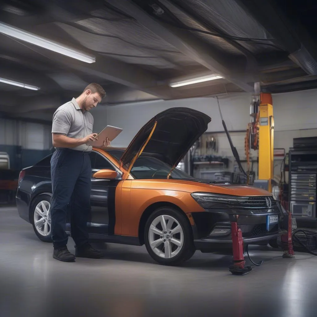 Mechanic Using Wireless OBD2 Scanner in Garage