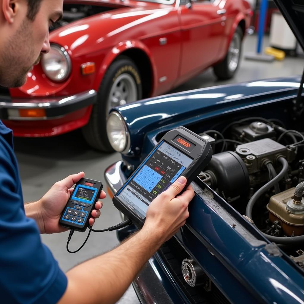 Mechanic Using OBD2 Scanner with Harness