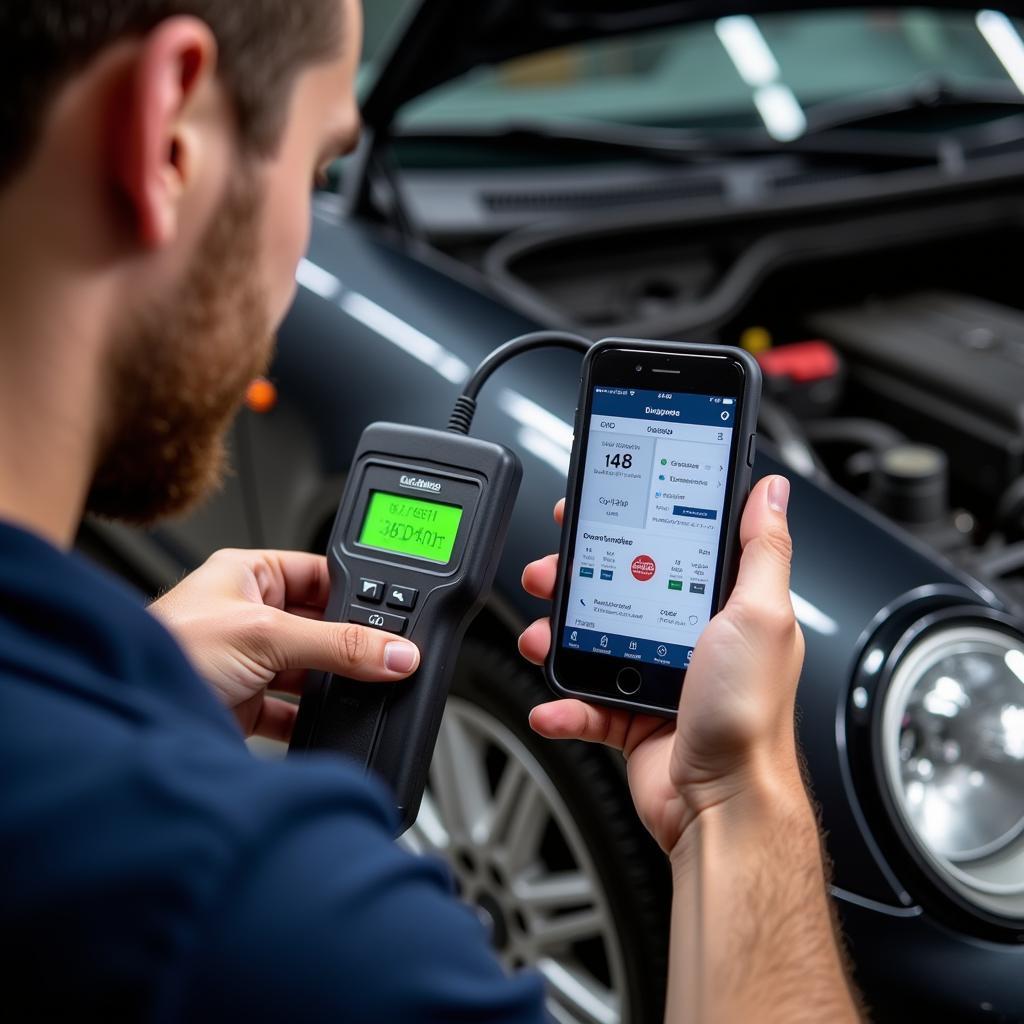 Mechanic Using OBD2 Scanner with iPhone