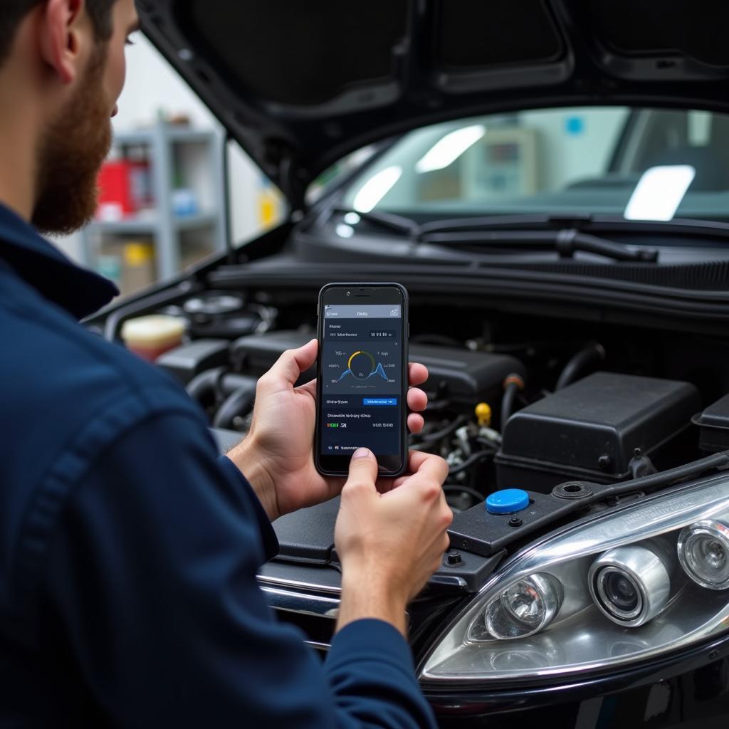 Mechanic Using OBD2 Scanner with iPhone