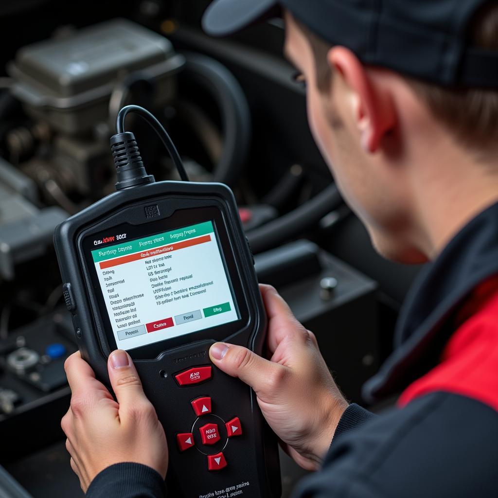 Mechanic Using OBD2 Scanner with Manual