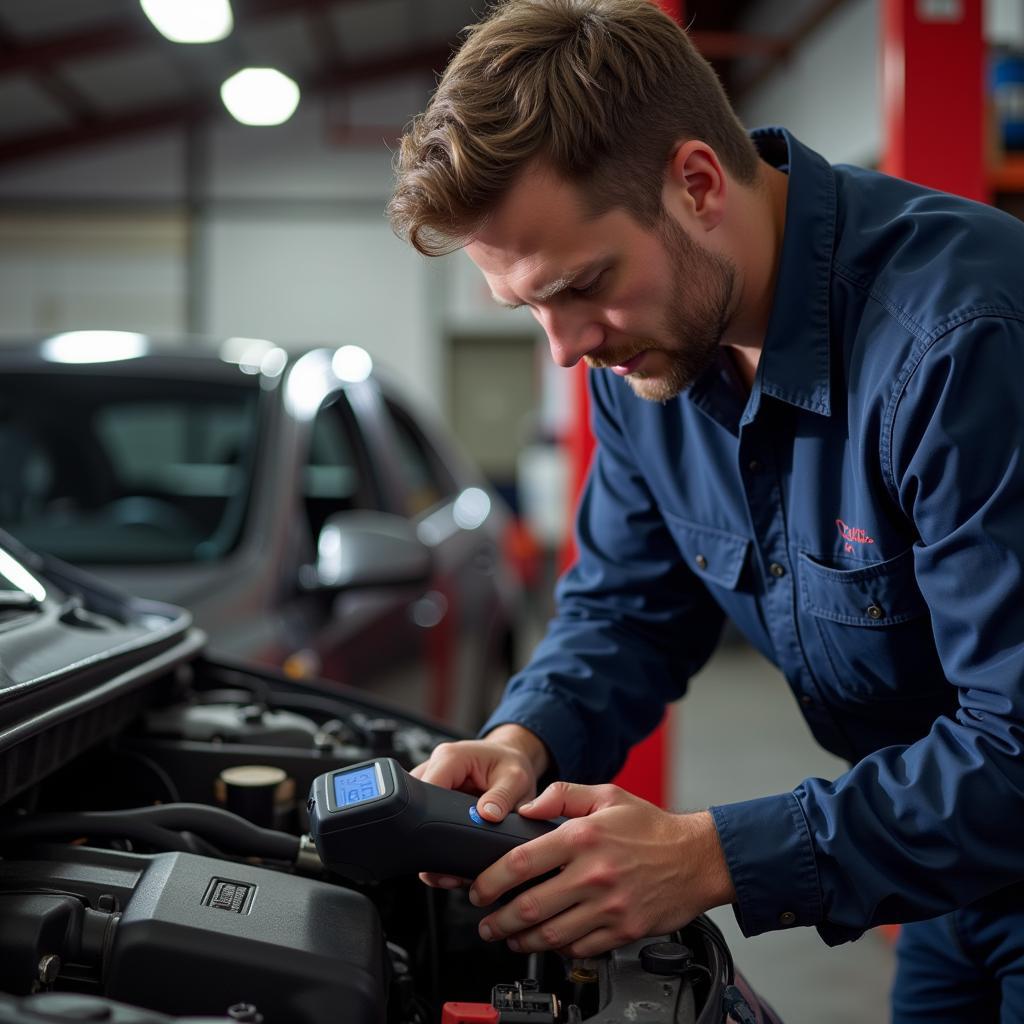 Mechanic Diagnosing Car with OBD2 Scanner