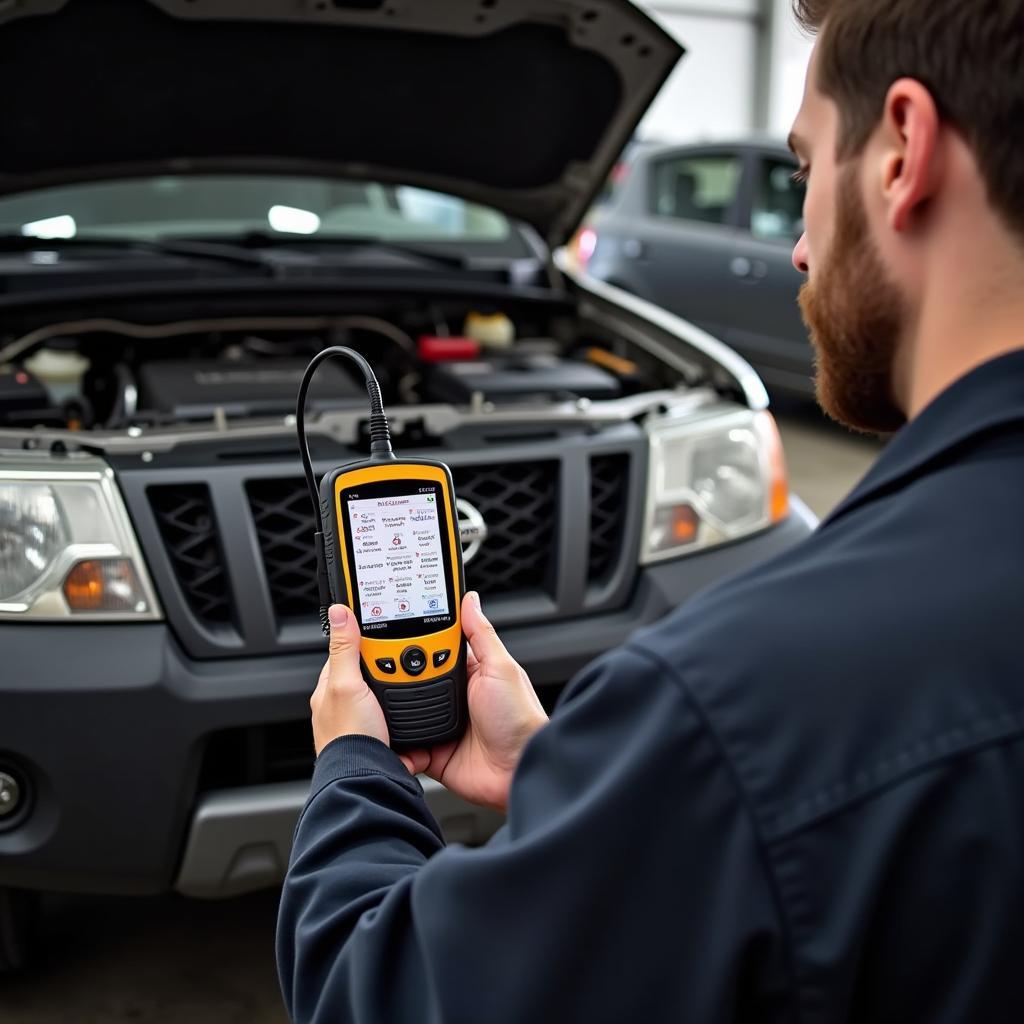 Mechanic using an OBD2 scanner on an Xterra