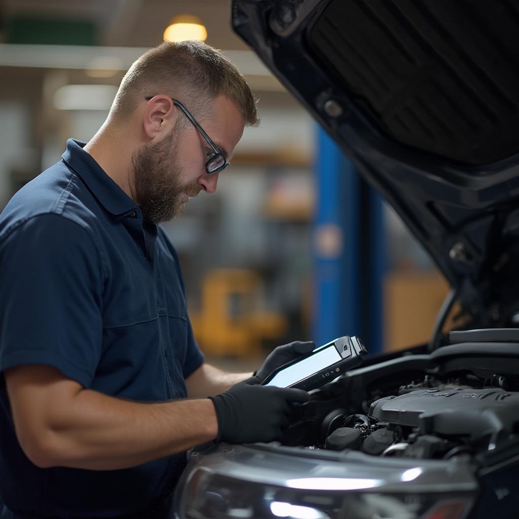 Mechanic Using OBD2 Smart Scanner in Workshop