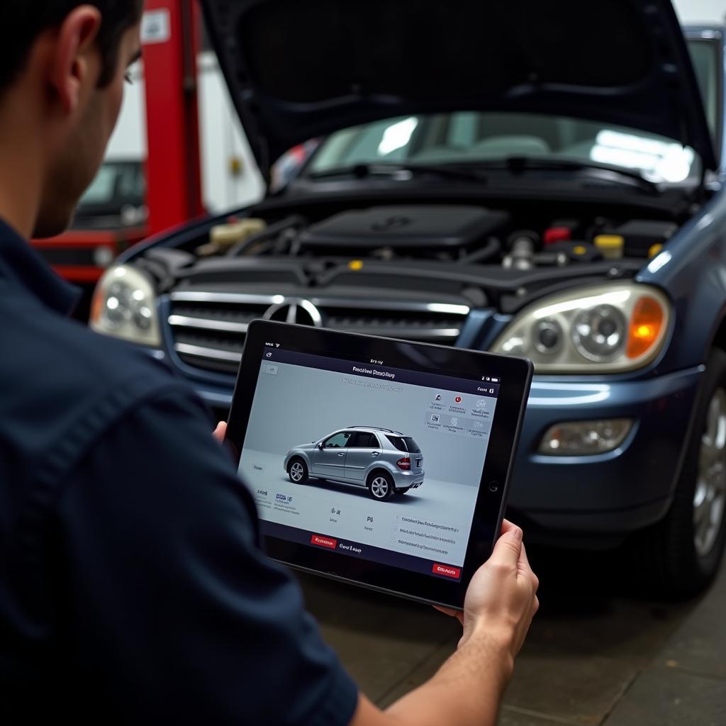 Mechanic Using OBD2 Software on Mercedes ML320