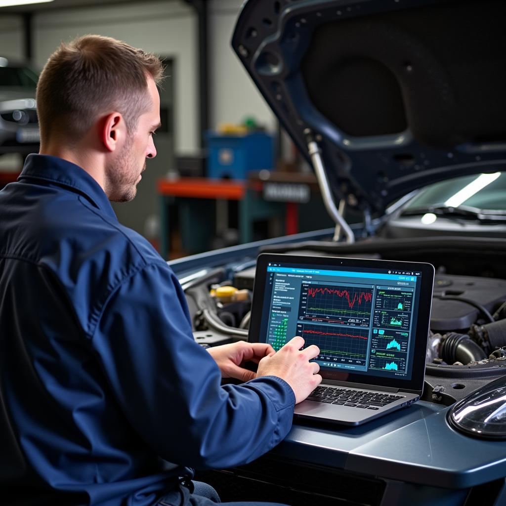 Mechanic Using OBD2 Software on a Laptop