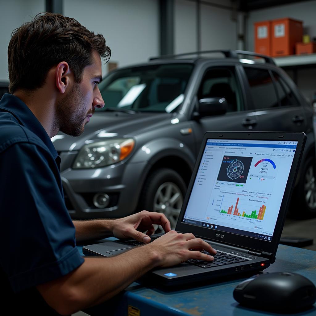 Mechanic Using OBD2 Software in Garage