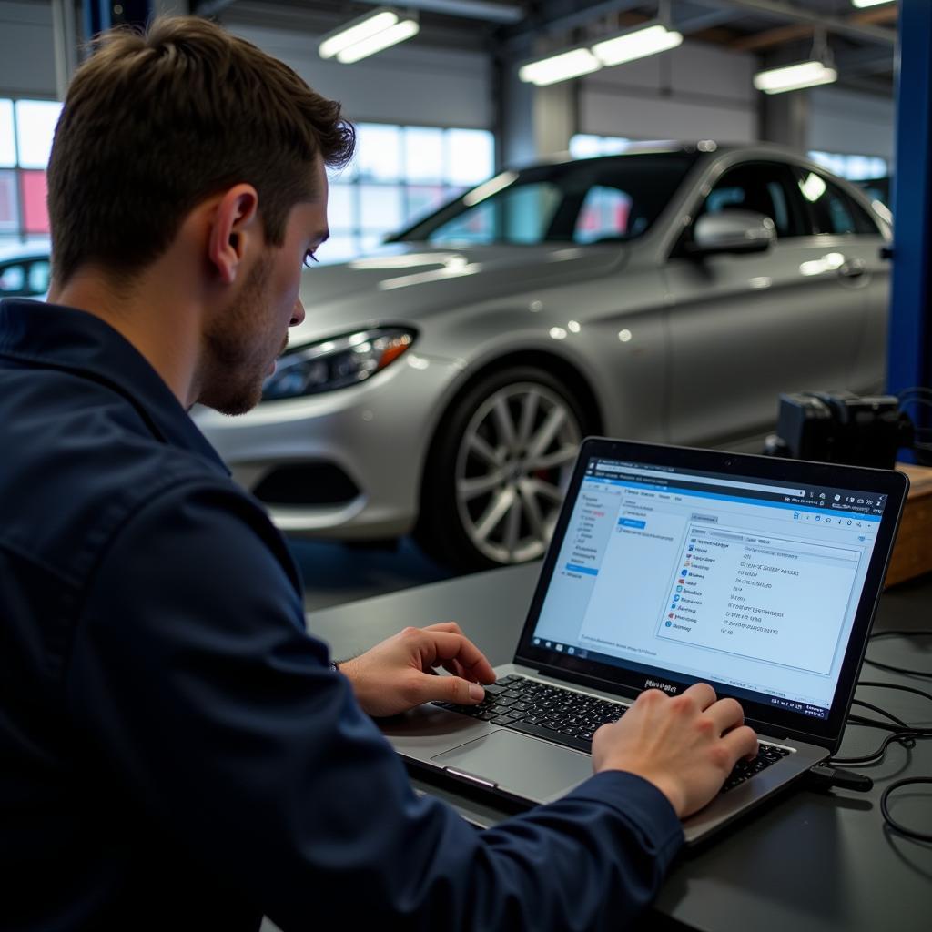 Mechanic Using OBD2 Software Laptop