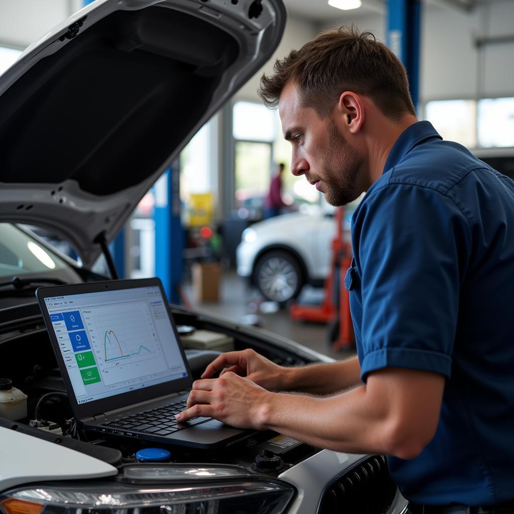 Mechanic using OBD2 Software on Laptop