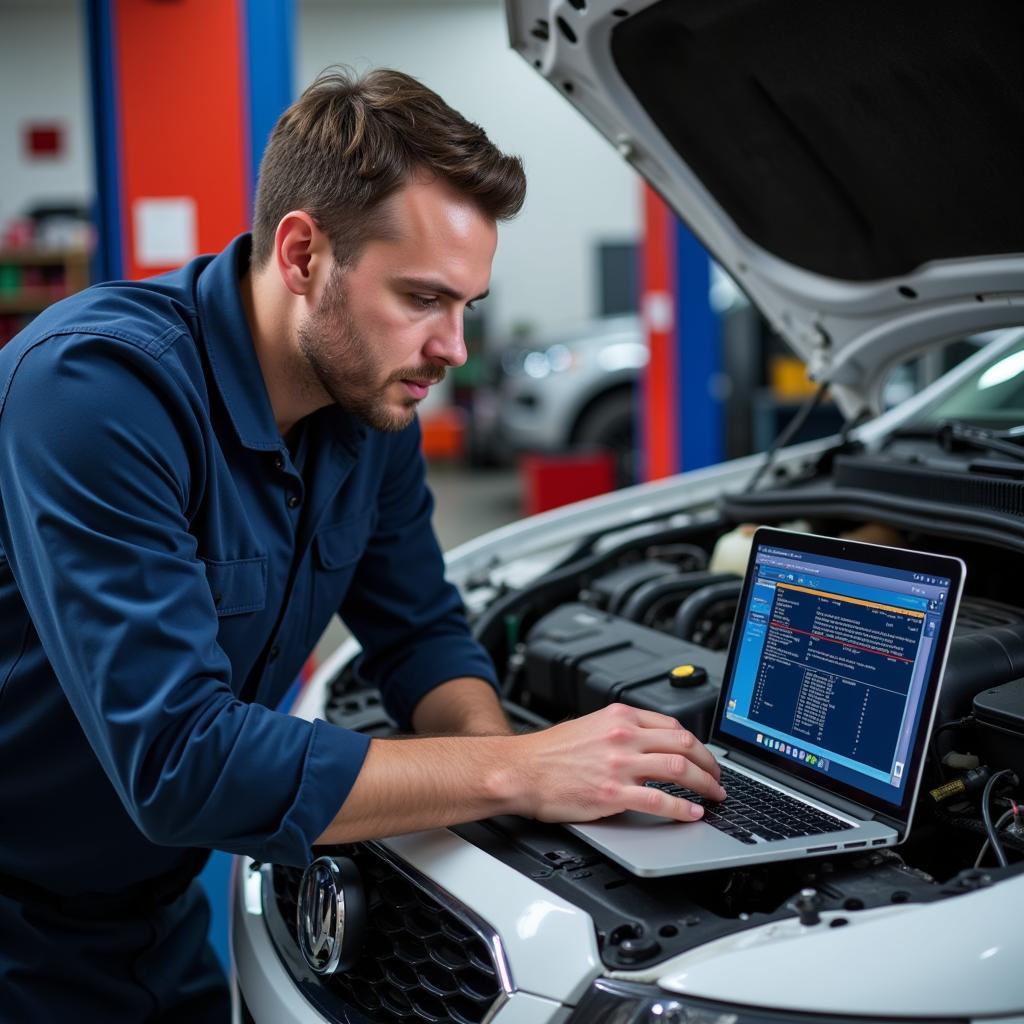 Mechanic analyzing car diagnostics with OBD2 software