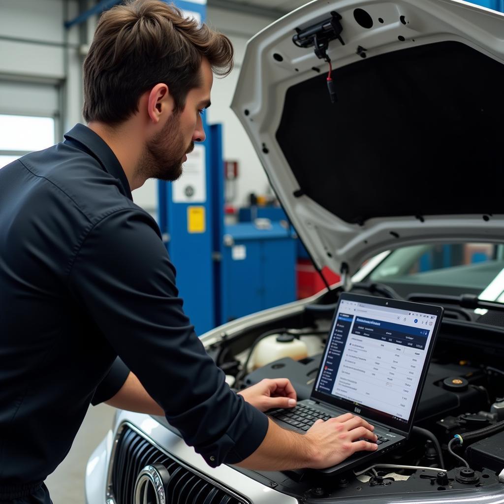 Mechanic running car diagnostics with OBD2 software in a garage