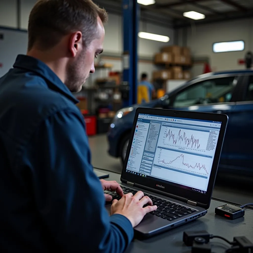 Mechanic using OBD2 software on a laptop to diagnose car engine