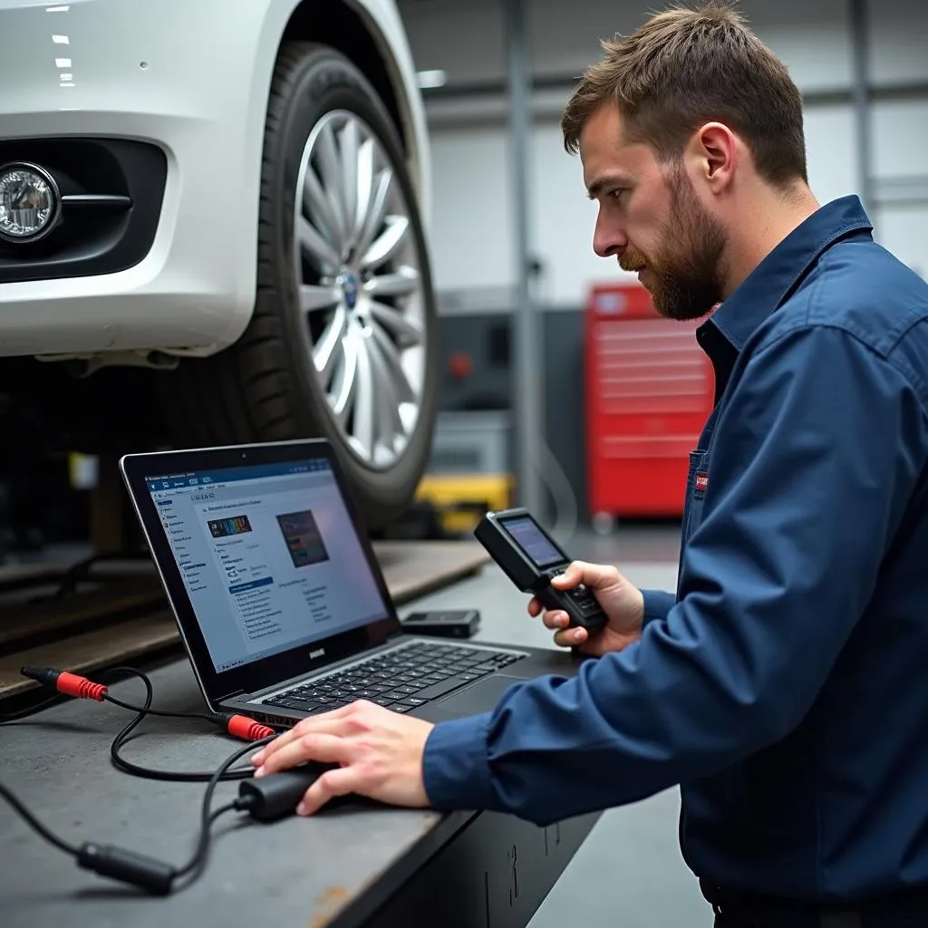 Mechanic Using OBD2 Splitter for Diagnostics