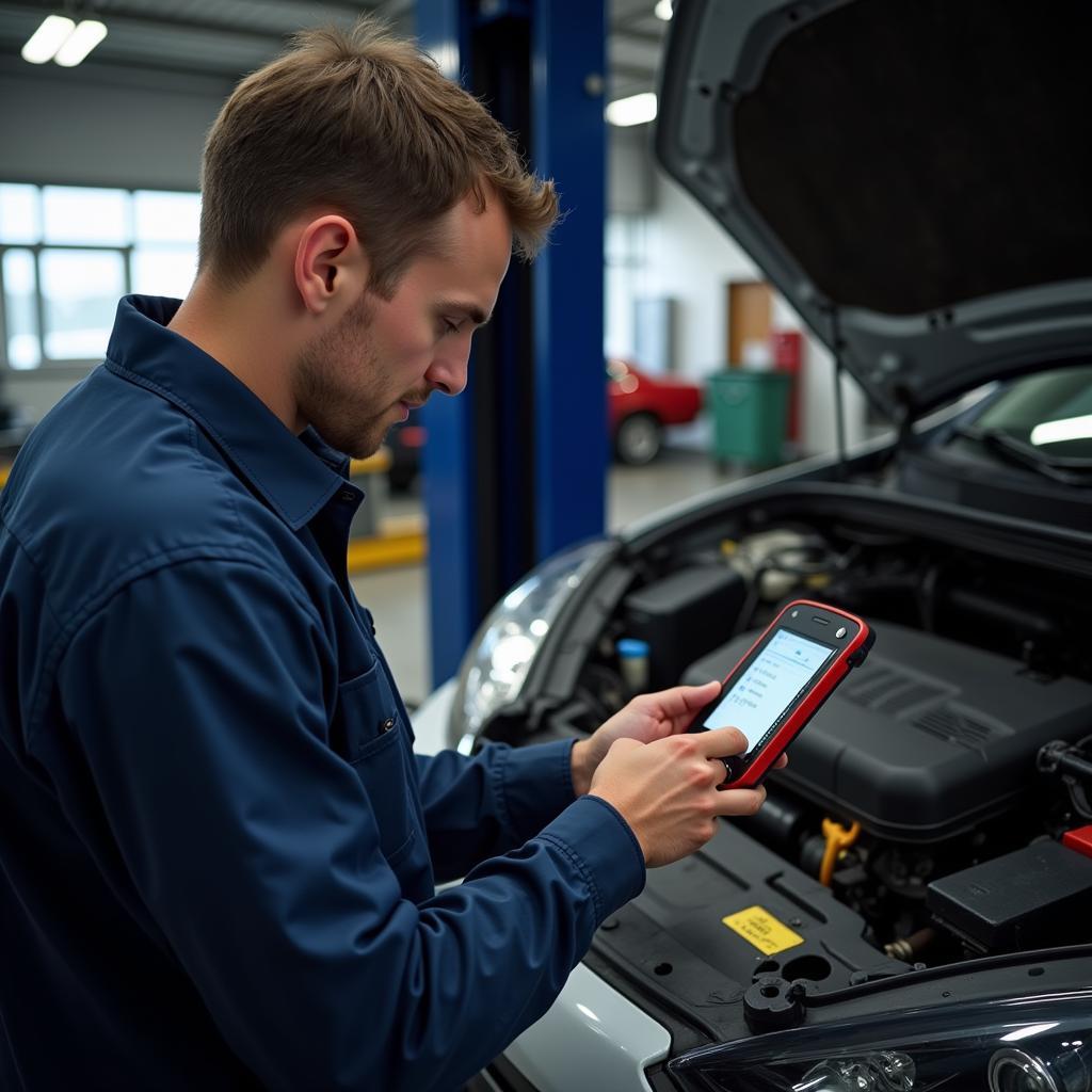 Mechanic Using OBD2 Tuner for Diagnostics