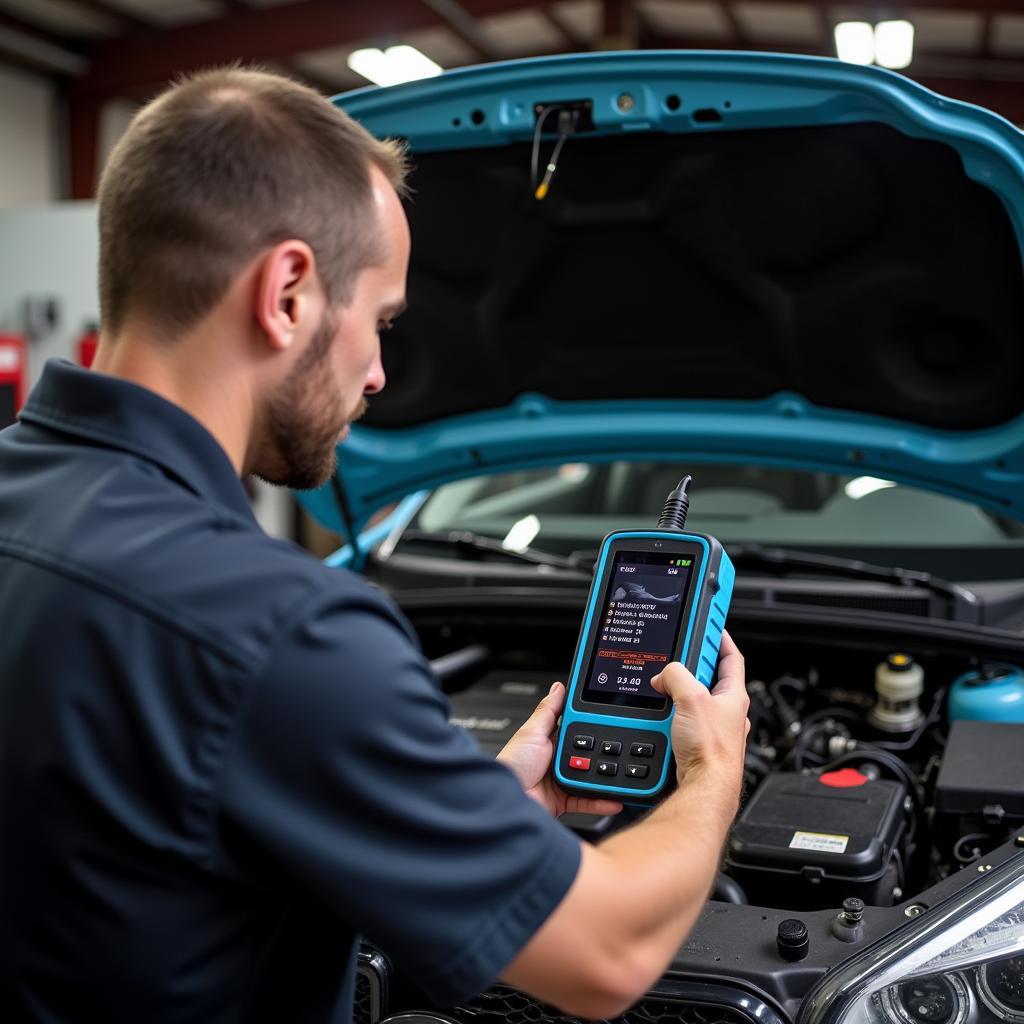 Mechanic Using OBD2 Turbo Gauge Scan Tool