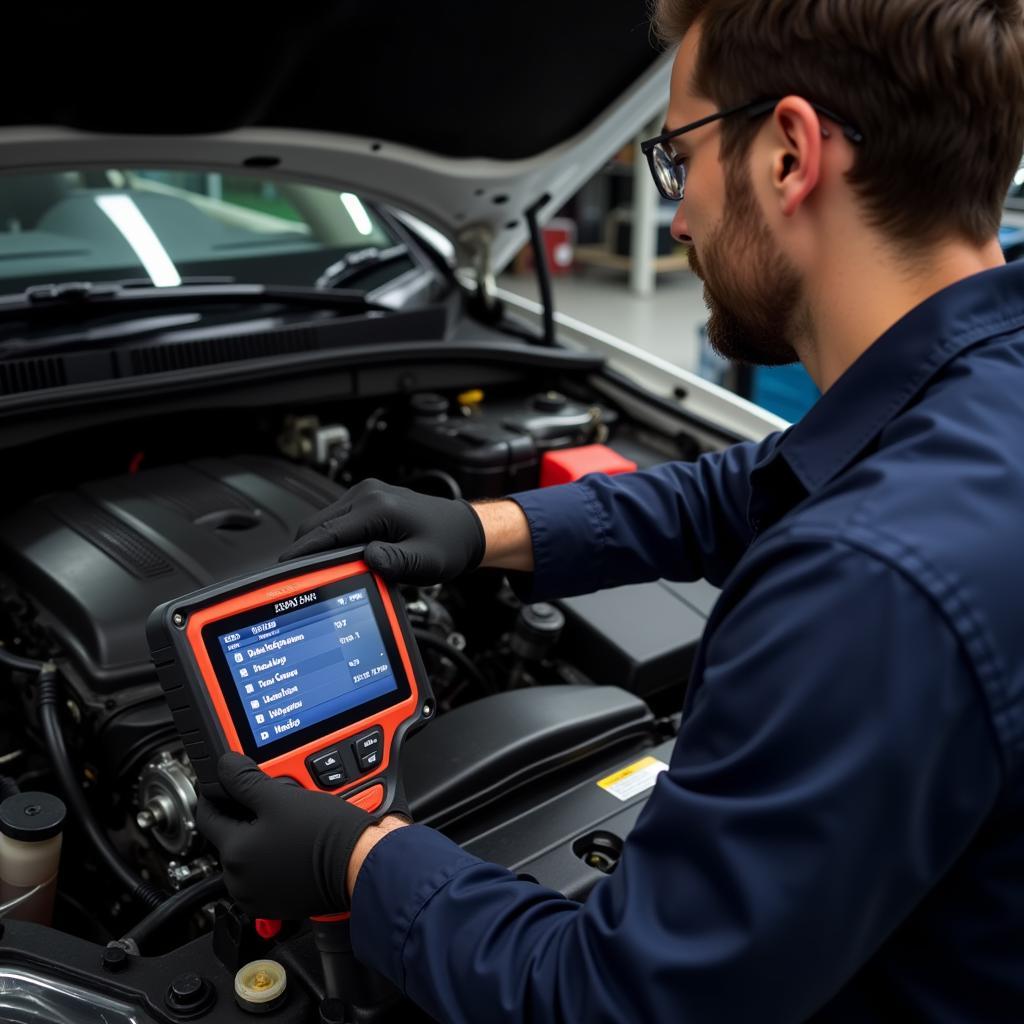 Mechanic using an OBD2 turbo gauge scantool to diagnose a car engine