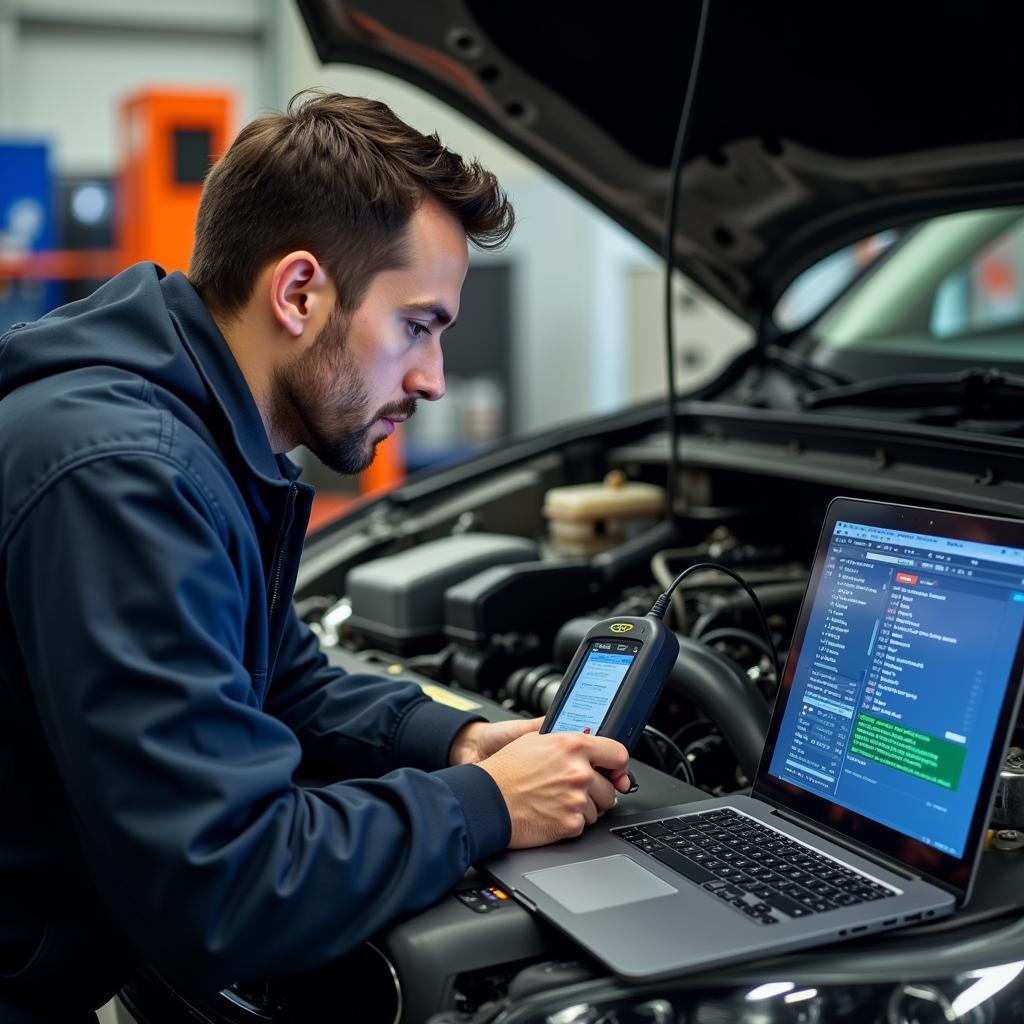 Mechanic Diagnosing a Car with OBD2 USB Scan Reader