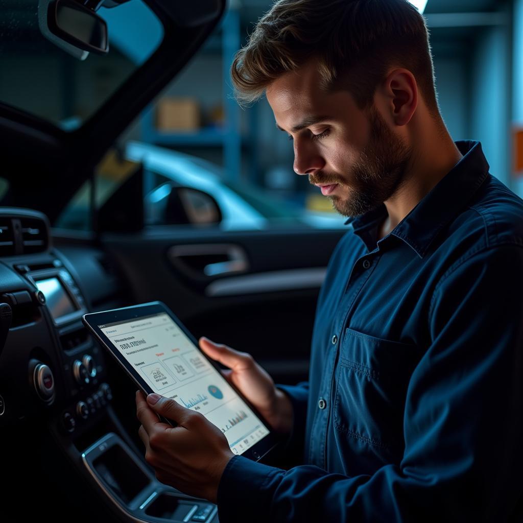 Mechanic diagnosing car with OBD2 Wifi adapter