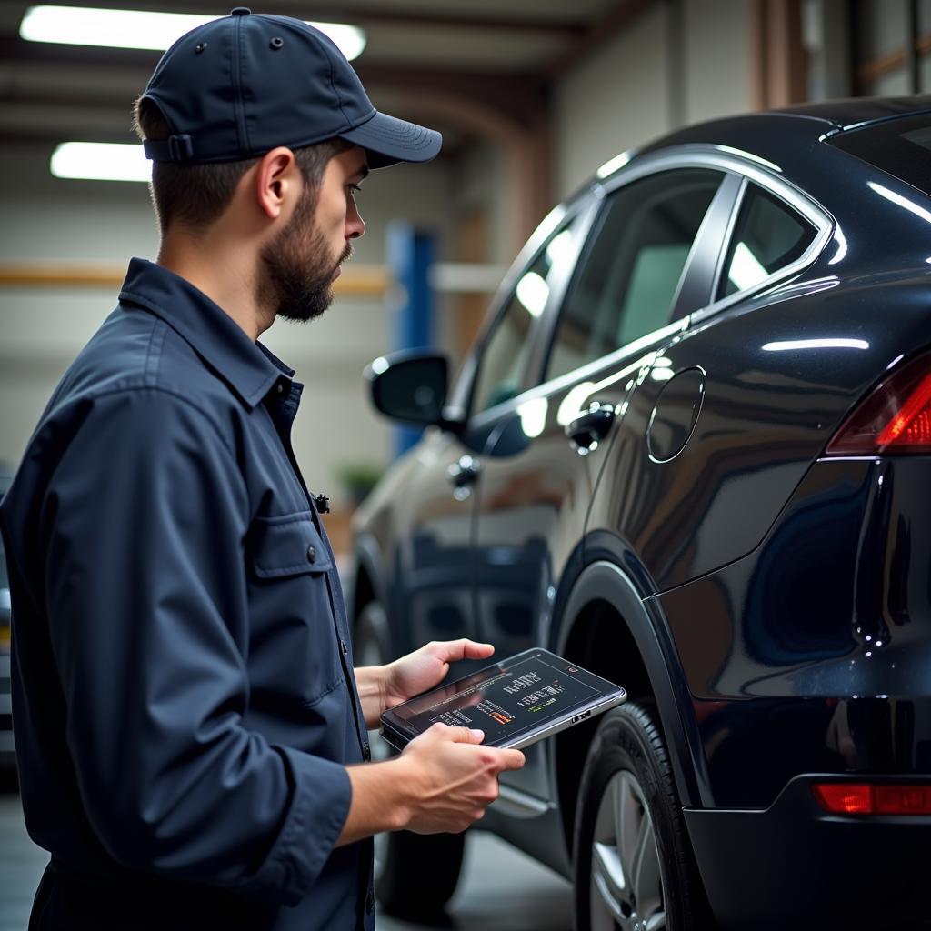 Mechanic diagnosing car with OBD2 wifi router