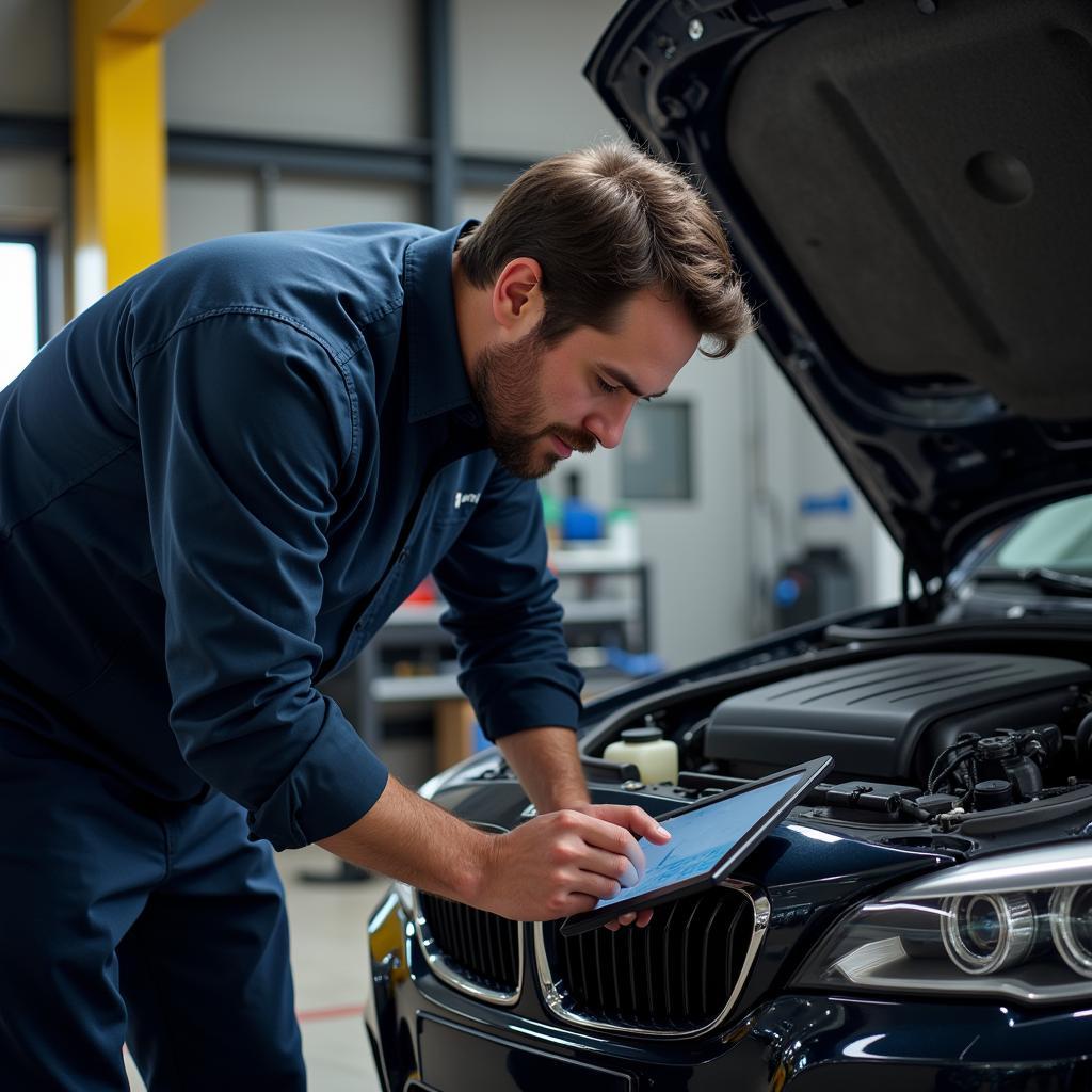 Mechanic Using OBD2 WiFi Scanner to Diagnose BMW