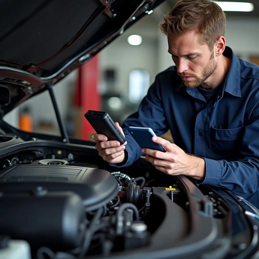 Mechanic using OBDLink MX to diagnose a car engine