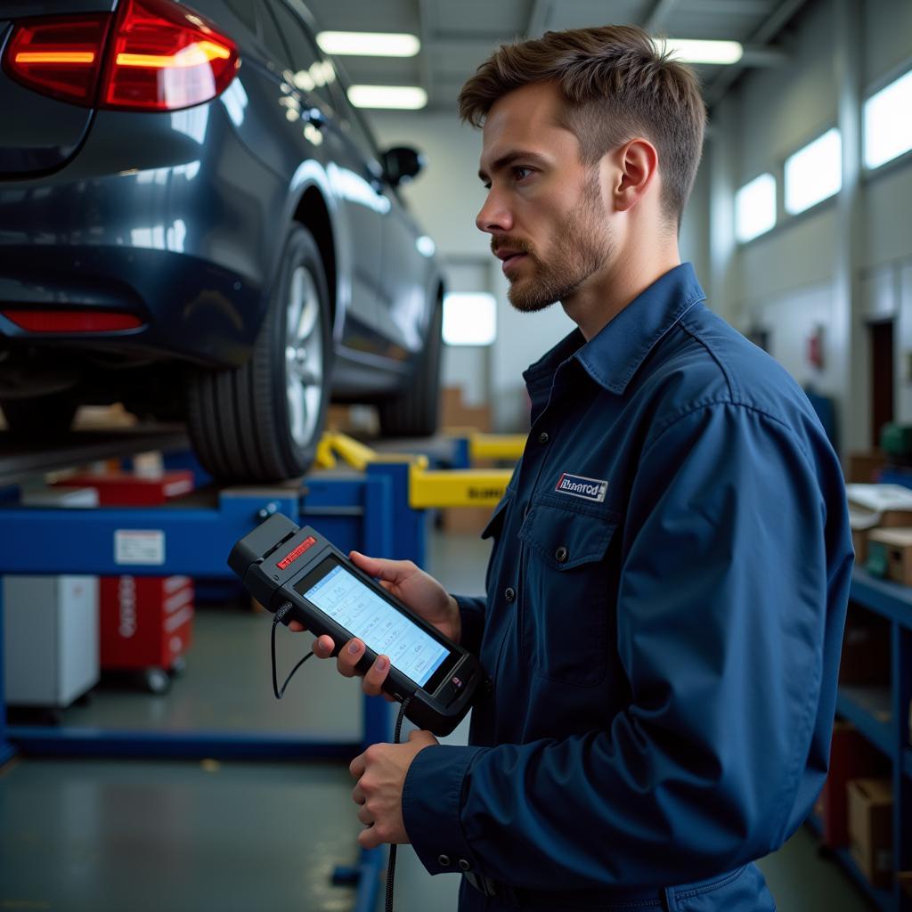 Mechanic Using an OFT OBD2 Scanner in a Garage