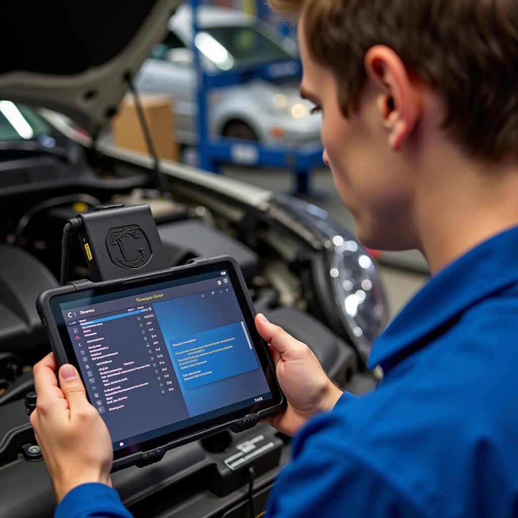 Mechanic using OHP WiFi adapter to diagnose a car