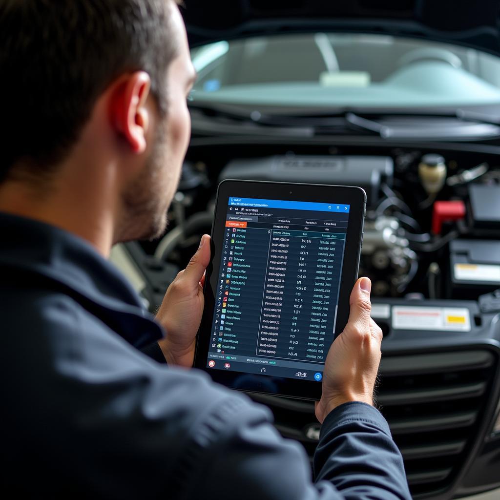 Mechanic Using Open OBD2 Scan Tool in Garage