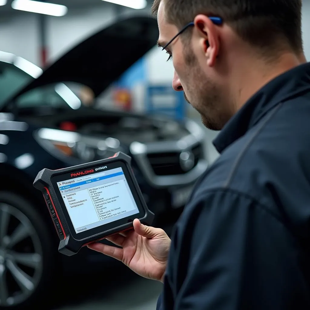 Mechanic using Panlong OBD2 scanner for car diagnostics