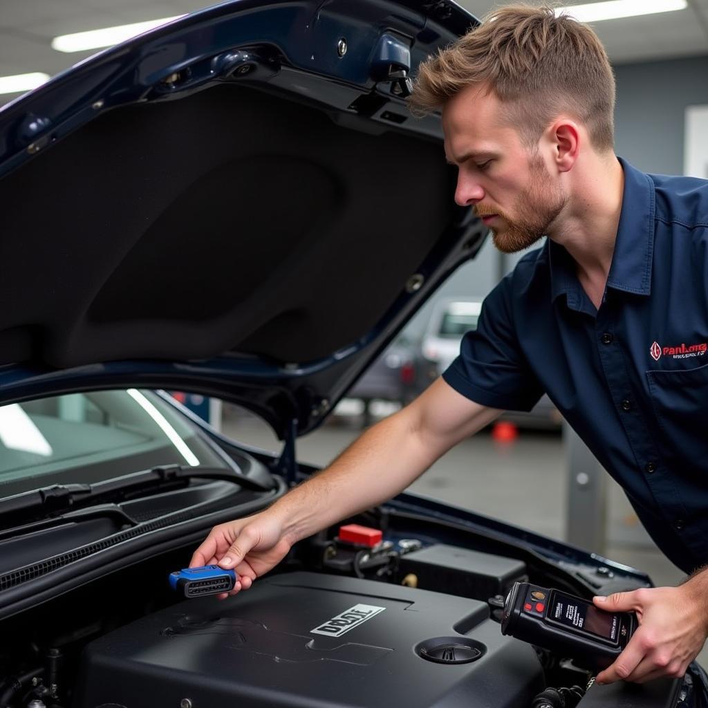 Mechanic Using Panlong OBD2 WiFi Scanner for Diagnostics