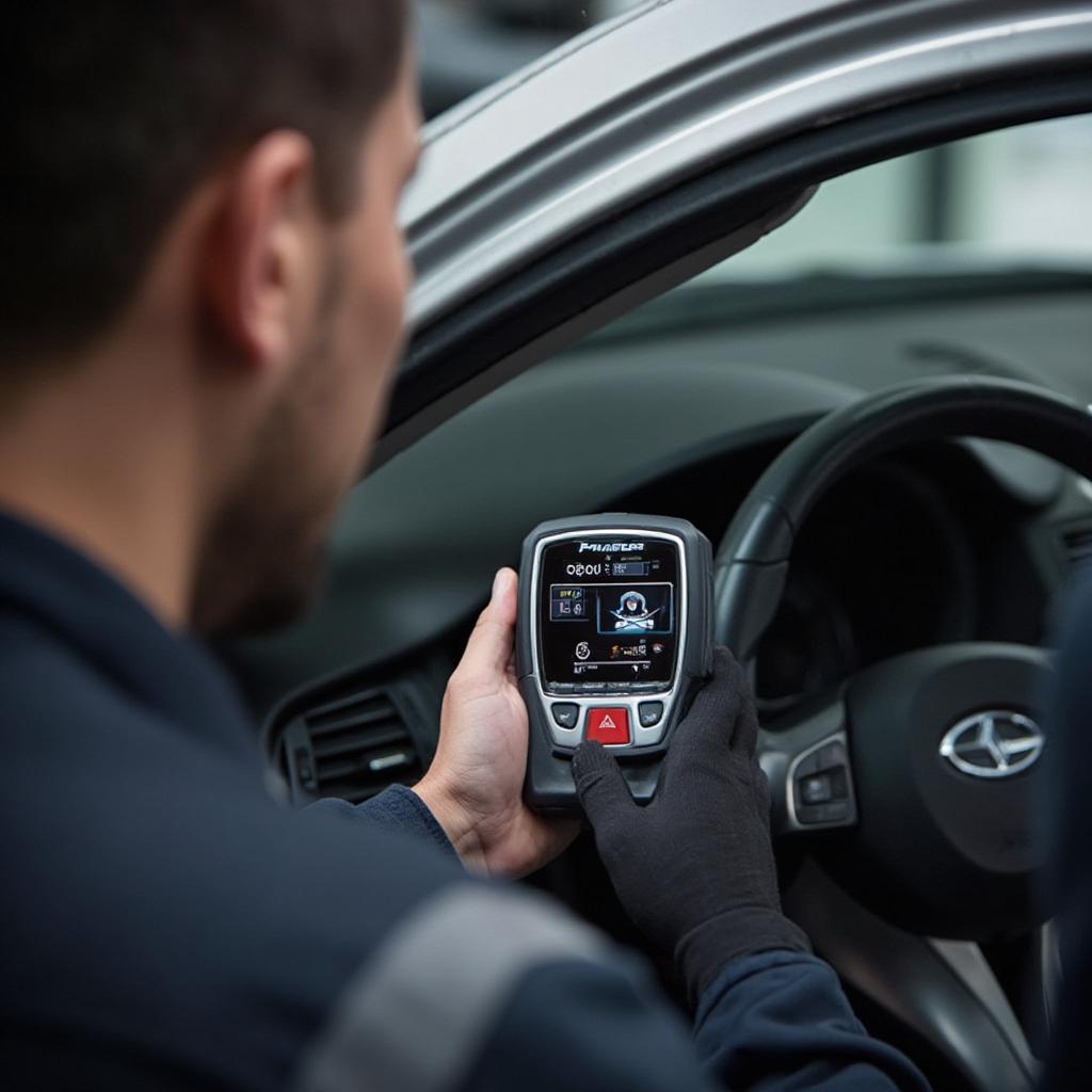 Mechanic Using Pioneer Smart Sync OBD2 Reader to Diagnose a Car