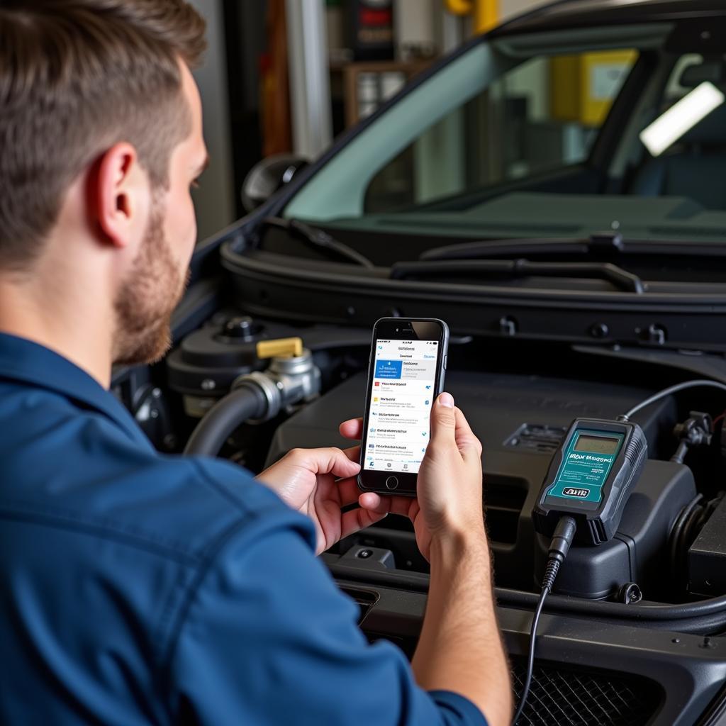 Mechanic using the PLX Kiwi 2 scanner to diagnose a car problem